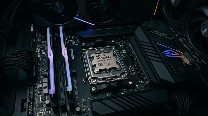 Vue rapprochée d'un processeur AMD Ryzen série 7000 posé sur une carte mère AM5 moderne avec éclairage RGB élégant.