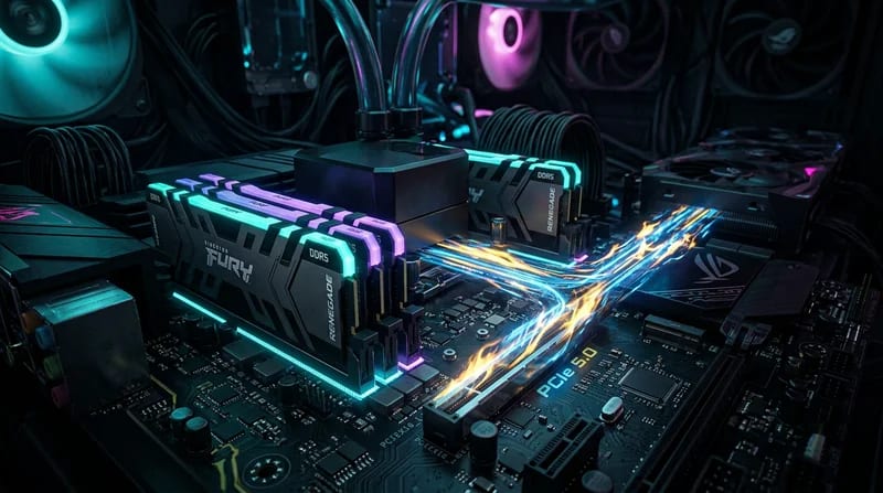 Illustration technologique futuriste montrant des modules de mémoire DDR5 et des lignes de données PCIe 5.0 ultra-rapides.