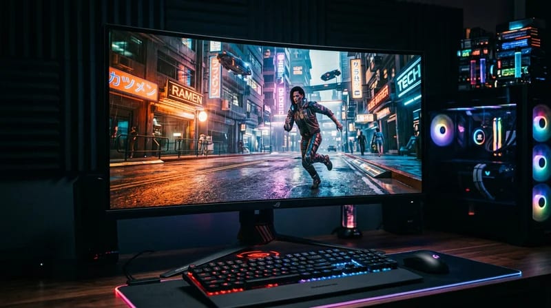 Capture d'écran de jeu vidéo fluide sur un moniteur gaming, mettant en avant la netteté des graphismes.