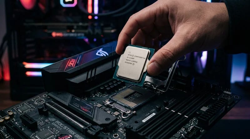 A close-up of an Intel Core i3-12100F processor held in a hand over a modern gaming motherboard, cinematic lighting, tech aesthetic