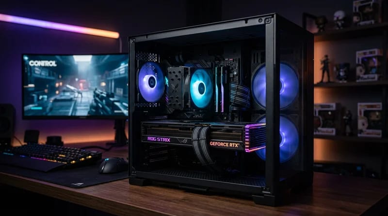 A high-end gaming PC setup with RGB lighting, showing the interior with a dedicated graphics card and the Intel Laminar RM1 cooler visible