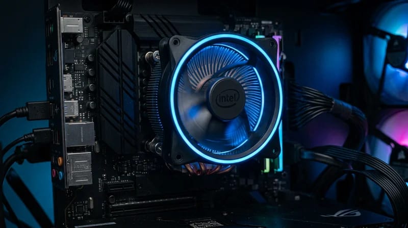 Technical view of the Intel Laminar RM1 cooler with blue LED ring effect, focusing on thermal dissipation