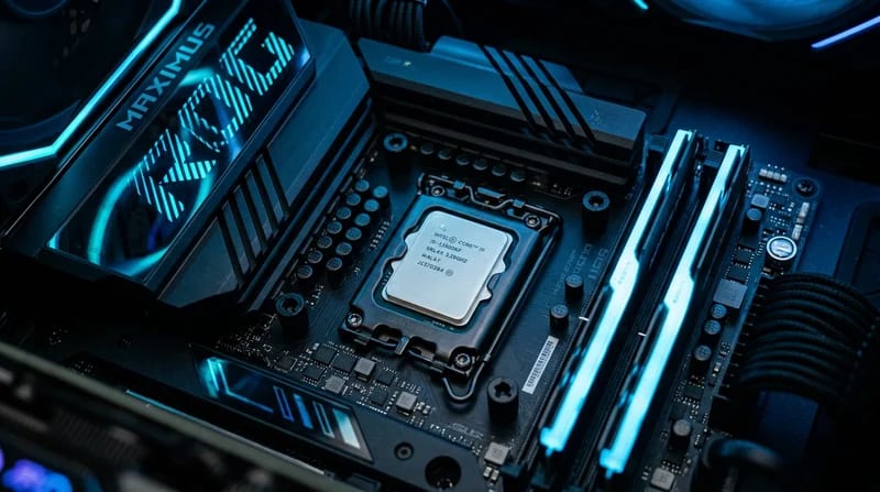 Vue rapprochée d'un processeur Intel Core i9-12900KF installé sur une carte mère haut de gamme avec éclairage RGB bleu froid