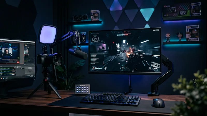 Un setup de streaming professionnel montrant un écran de jeu avec des FPS élevés et une caméra de streaming