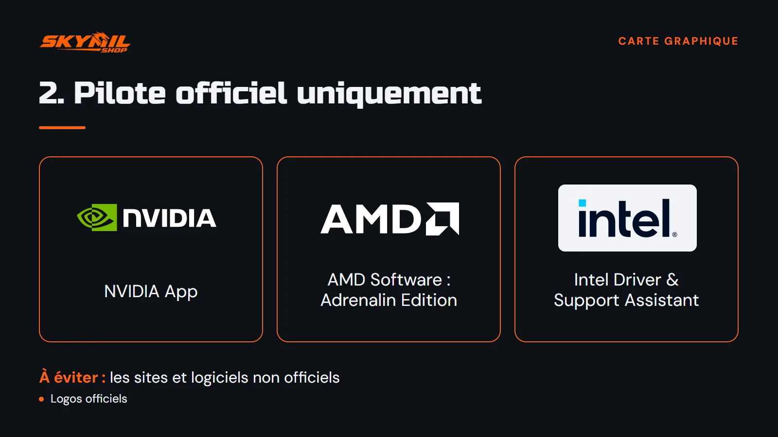 Les outils officiels pour mettre à jour le pilote : NVIDIA App, AMD Software : Adrenalin Edition, Intel Driver & Support Assistant