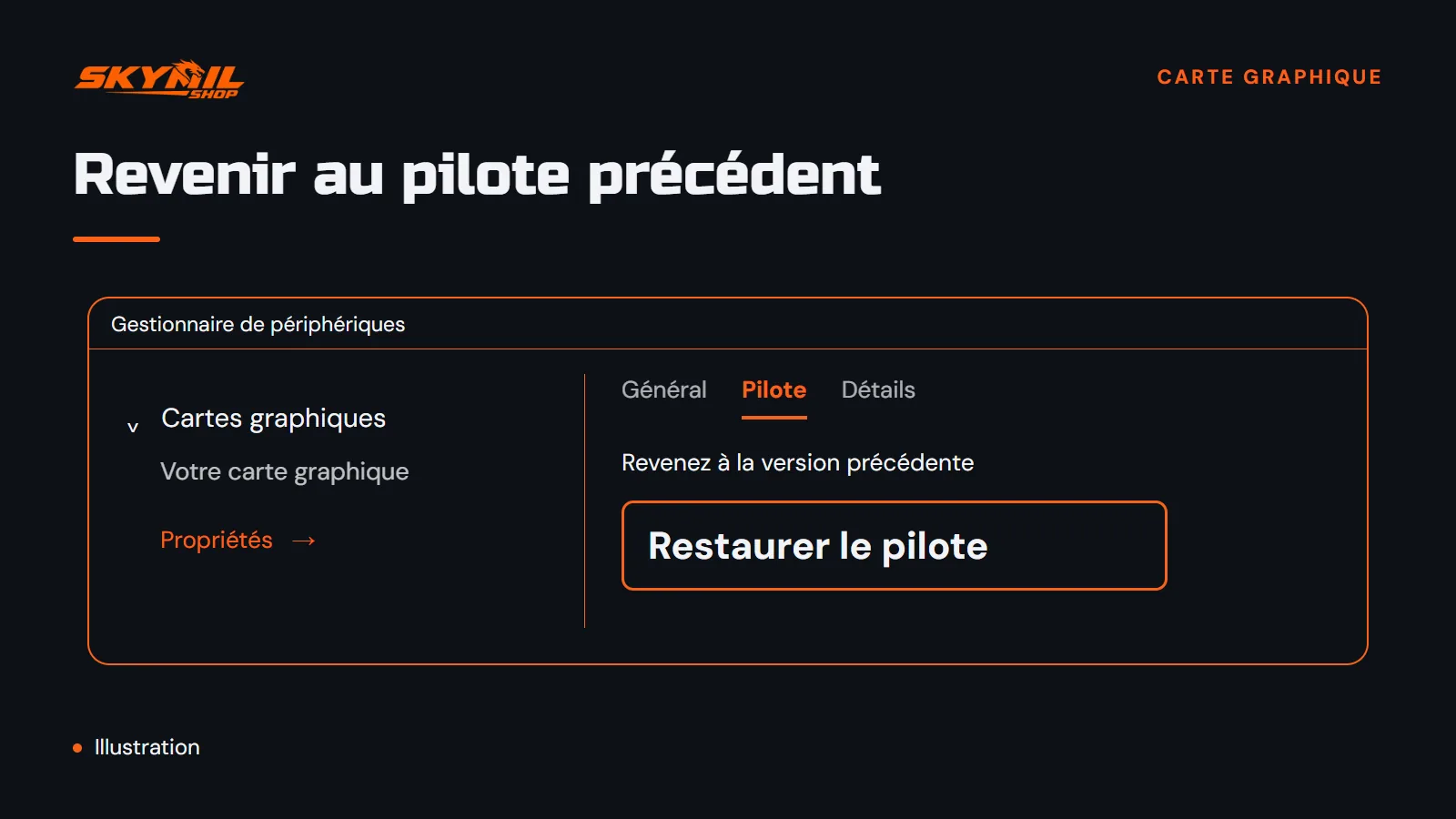 Gestionnaire de périphériques, onglet Pilote : le bouton « Restaurer le pilote »